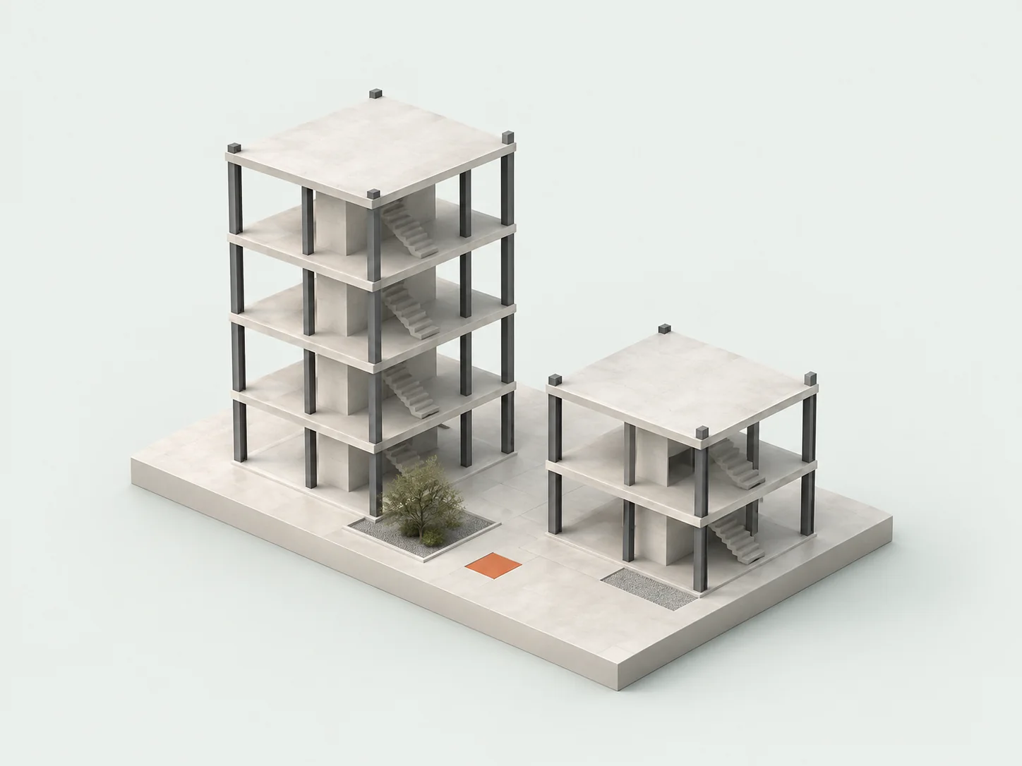 Two building-frame models representing alternative routes
