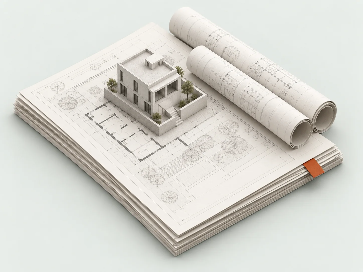 Neatly layered architectural drawings and rolled plans